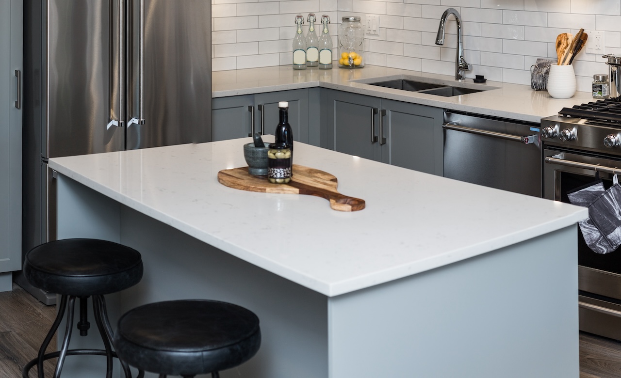White quartz island with seating, JL Home Builders, Pittsburgh