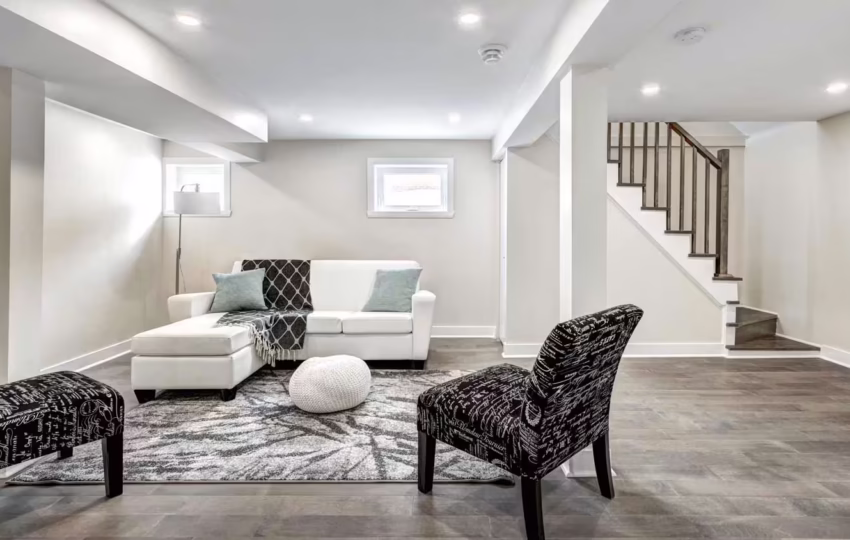 Finished basement living area with modern flooring, recessed lighting, seating, and an open staircase.
