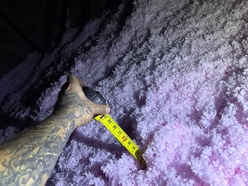 Blown-in attic insulation with a depth measurement, JL Home Builders, Pittsburgh
