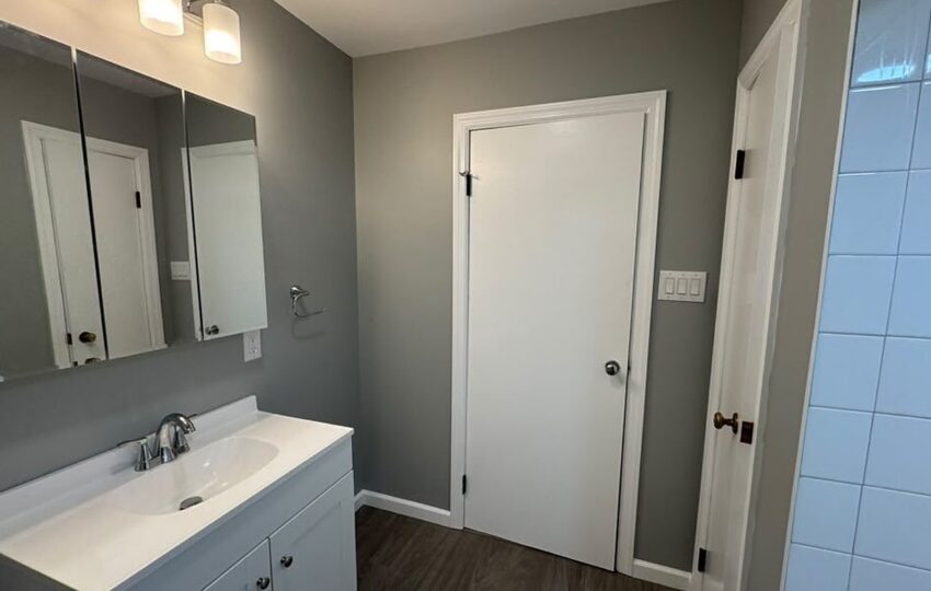 Gray bathroom with a white vanity, a mirrored medicine cabinet and a white door