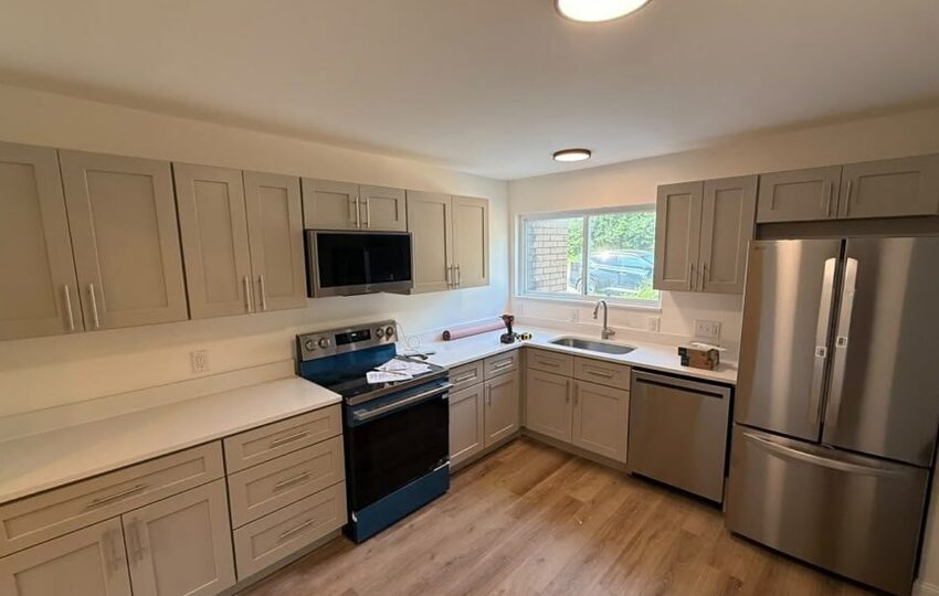 Finished Kitchen Remodel Gray Shaker Cabinets Stainless Appliances by JL Home Builders, Pittsburgh