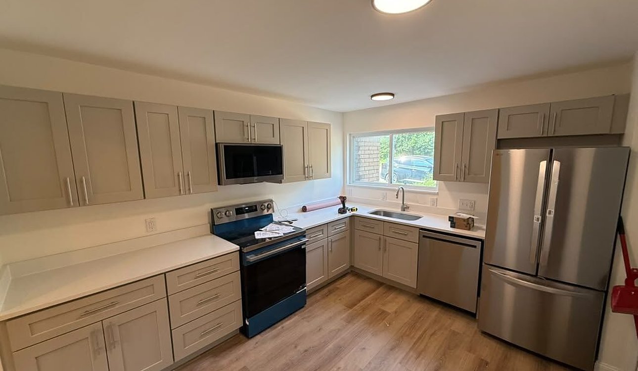 Finished Kitchen Remodel Gray Shaker Cabinets Stainless Appliances by JL Home Builders, Pittsburgh