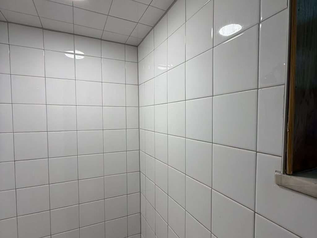 Finished white tile shower walls and ceiling, JL Home Builders, Pittsburgh