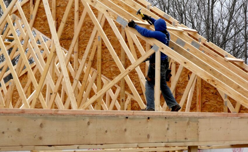 Home addition roof framing in progress, Pennsylvania
