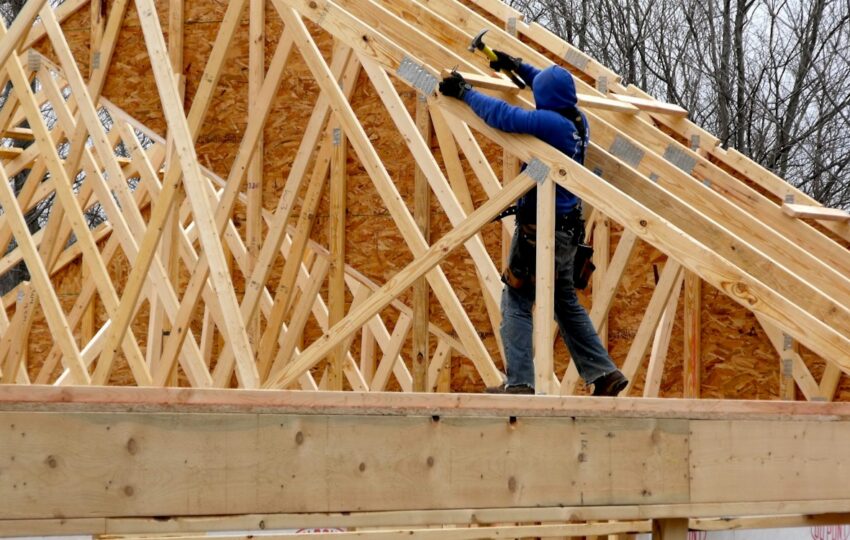 Home addition roof framing in progress, Pennsylvania