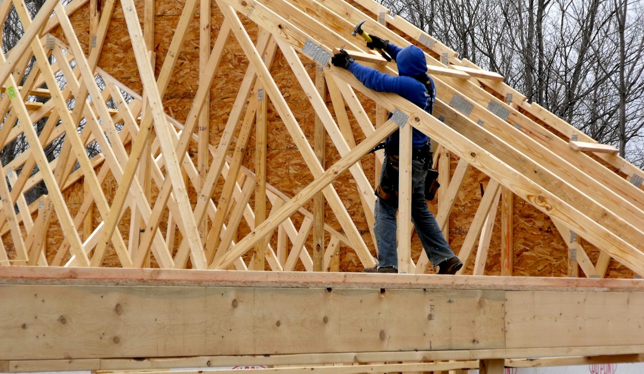 Home addition roof framing in progress, Pennsylvania
