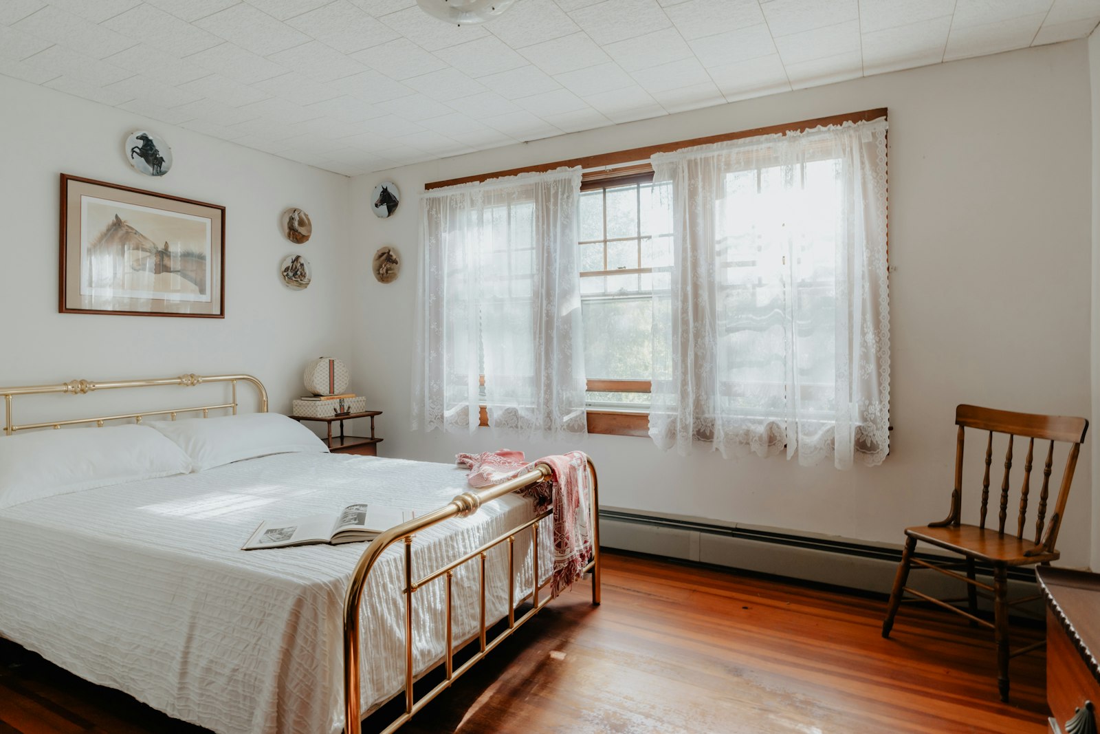 Bedroom in an older home with radiator, iron bed, and two windows