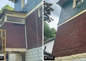 Before and after of the back of a brick house: a worn bump out with scaffolding on the left, a finished brick wall on the right