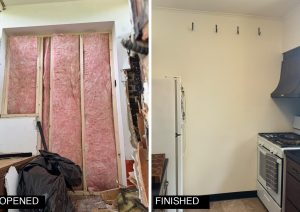 Before and after of a kitchen wall: opened framing with insulation on the left, a finished painted wall on the right