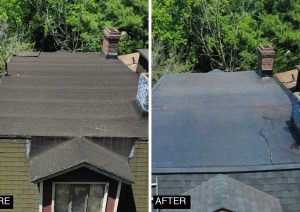 Before and after of a flat roof with a chimney: worn layered roofing on the left, a new smooth membrane roof on the right
