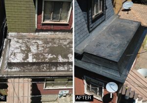 Before and after of a flat roof above a dormer: weathered white patched roofing on the left, a new black membrane roof on the right