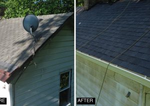Before and after of a small house roof: old gray shingles with a satellite dish on the left, new dark shingles and a white gutter on the right